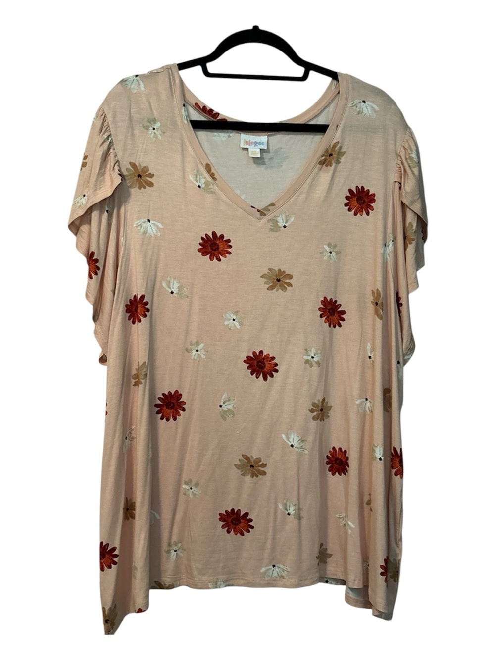 3xl LuLaRoe Blush Floral V-Neck Short Sleeve Top with Red & Cream Flowers